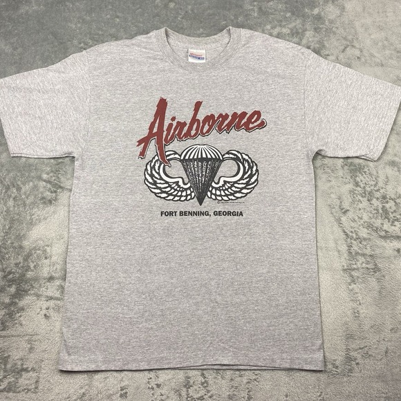 Vtg Airborne Fort Benning Georgia Shirt Mens M Grey Graphic Military‎ Army 90s - Picture 2 of 12